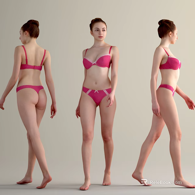 A Woman in Pink Lingerie Posing from Three Different Angles 3d model