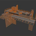 Industrial Platform Structure With Wooden Deck Metal Railings And Support Columns
