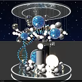Futuristic 3D Model With DNA Spiral Blue Patterned And White Glowing Spheres On Starry Background