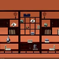 Traditional Dark Wooden Chinese Display Shelf With Vases Ceramic Ornaments And Books