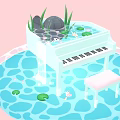 Cartoon Scene Featuring White Piano In Water With Lily Pads Stones Grass And Bench