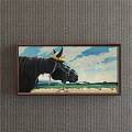 Animal Painting Featuring Black Horse With Yellow Hat Pink Decorations Blue Sky And Green Grass