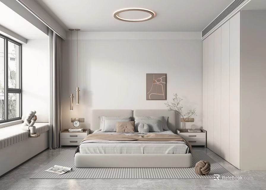 Modern Minimalist Bedroom Interior With White Bedside Tables Wall Art Round Ceiling Light And Soft Curtains 3d model 