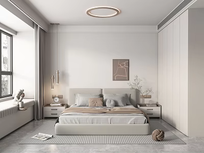 Modern Minimalist Bedroom Interior With White Bedside Tables Wall Art Round Ceiling Light And Soft Curtains 3d model