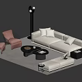 Modern Beige Sofa and Coffee Table Set with Red Chairs and Floor Lamp 3d model