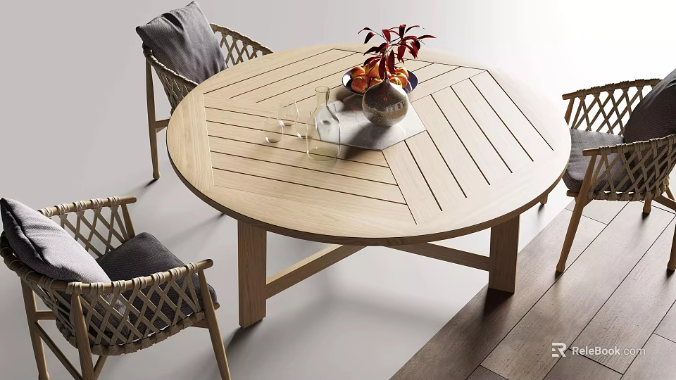 Modern Round Wooden Table With Rattan Chairs Gray Cushions Vase Red Flowers And Glass Cups 3d model 