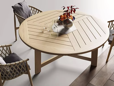 Modern Round Wooden Table With Rattan Chairs Gray Cushions Vase Red Flowers And Glass Cups 3d model