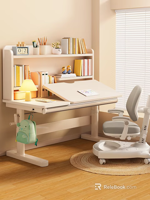Children's Adjustable Study Desk And Chair Set With Bookshelf Lamp For Cozy Kids Room 3d model 