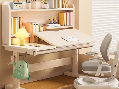 Children's Adjustable Study Desk And Chair Set With Bookshelf Lamp For Cozy Kids Room 3d model
