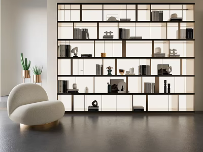 Modern Bookcase Interior Design With Open Shelves Accent Chair And Potted Plants 3d model