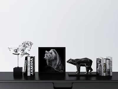 Decorative Ornament Set with Transparent Horse Figurine Bear Photo Frame Black Bear Statue and Books 3d model