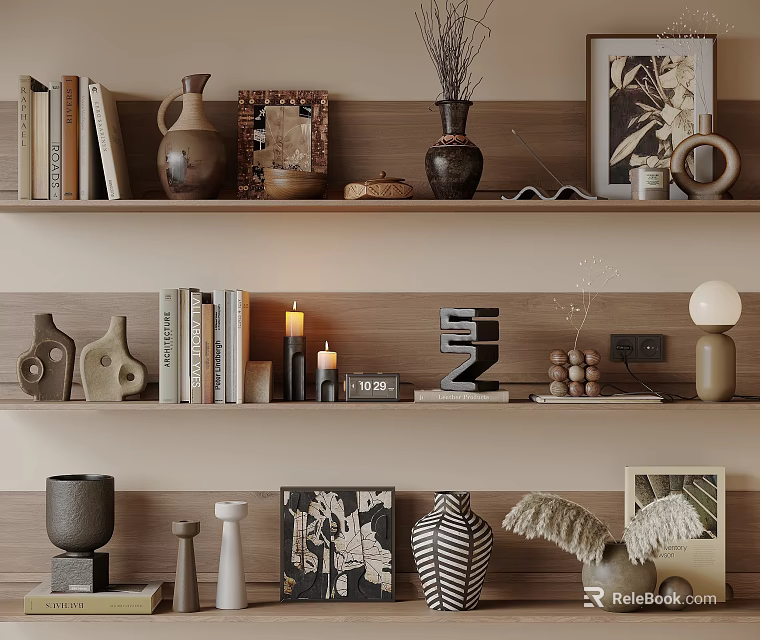 Minimalist Decorative Ornament Combination Featuring Vases Photo Frames Candles Woven Decor and Books on Shelves 3d model 