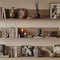 Minimalist Decorative Ornament Combination Featuring Vases Photo Frames Candles Woven Decor and Books on Shelves