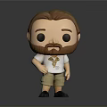 Cartoon Figurine Brown Hair Beard White T-Shirt Logo Khaki Shorts Black Shoes Hand on Hip