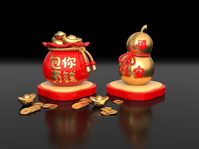 Decorative Ornament Set Featuring Red Fortune Bag Golden Peace Gourd And Scattered Gold Coins 3d model