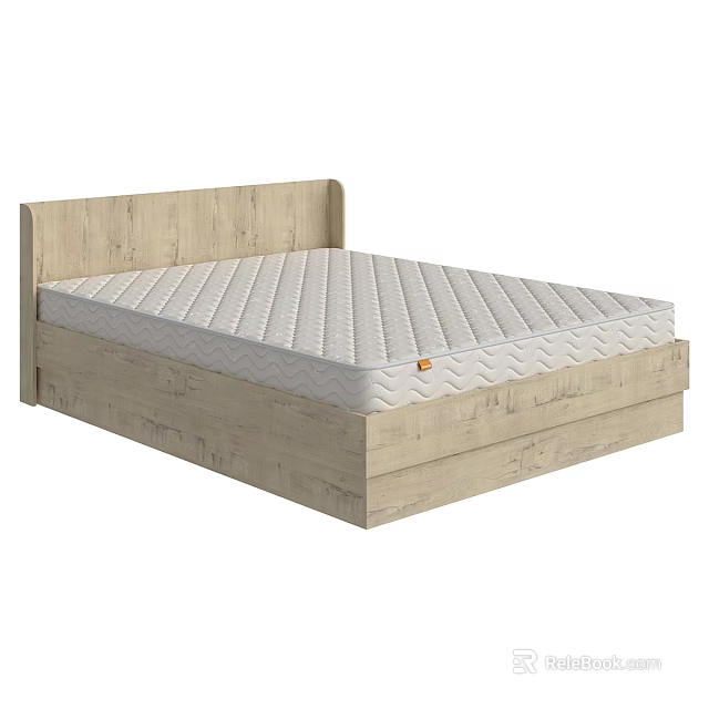 Modern Double Bed with Light Wooden Frame and Wavy Texture White Mattress 3d model 