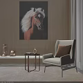 Elegant Modern Accent Chair With Throw Pillow Side Table And Horse Painting Against Wooden Wall