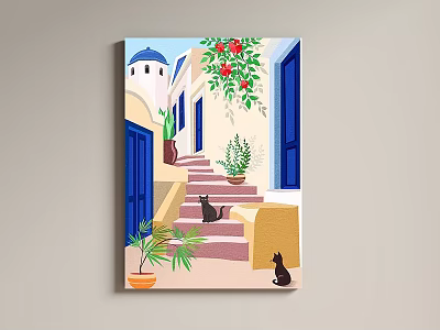 Oil Painting with White Buildings Blue Doors Windows Red Flowers Staircase Potted Plants Black Cats 3d model