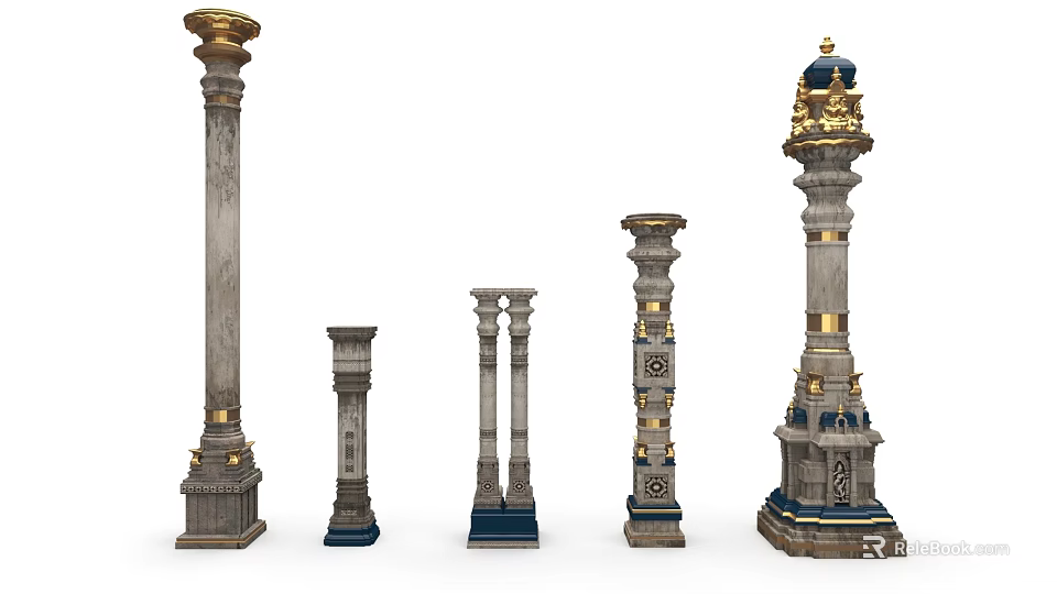 Various Ornate Roman Columns With Gold Details Carvings And Classic Designs 3d model 