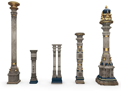Various Ornate Roman Columns With Gold Details Carvings And Classic Designs 3d model