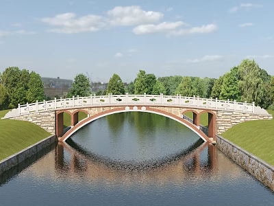Scenic Arch Bridge With White Railings Over Calm Water Reflection Green Trees And Blue Sky 3d model