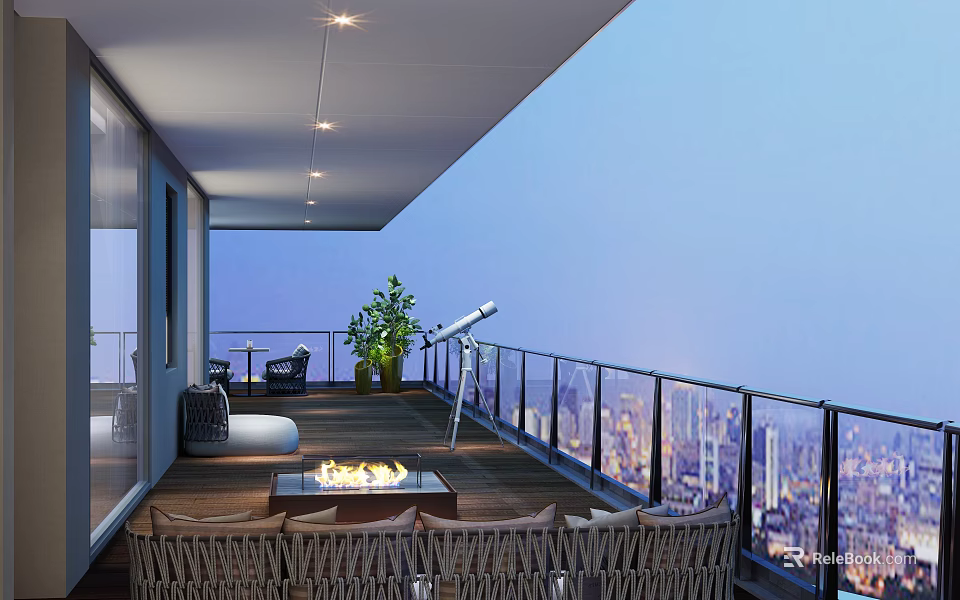 Modern Outdoor Shower Sauna Space With Fire Pit And City Night View 3d model 