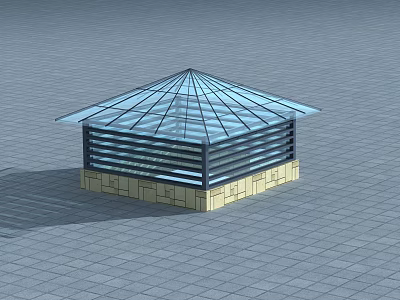 Polygonal Glass Roof Structure With Black Slatted Sides And Stone Base On Gray Tile Floor 3d model