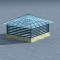 Polygonal Glass Roof Structure With Black Slatted Sides And Stone Base On Gray Tile Floor
