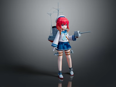 Anime Style Game Character With Red Hair In Sailor Uniform Holding Weapon And Warship Model 3d model
