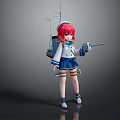 Anime Style Game Character With Red Hair In Sailor Uniform Holding Weapon And Warship Model
