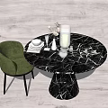 Round Black Marble Dining Table Set With Green Chair And Decorative Tableware 3d model