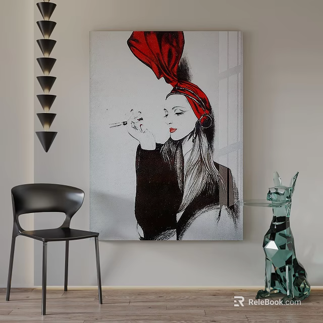 Modern Interior Featuring Portrait Painting Of Woman In Red Bow With Black Chair Glass Sculpture 3d model 