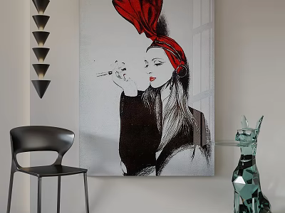 Modern Interior Featuring Portrait Painting Of Woman In Red Bow With Black Chair Glass Sculpture 3d model