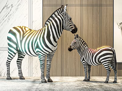 Large And Small Black And White Striped Zebras In Interior With Marble Wall Wooden Door 3d model