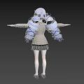 Woman With Blue Hair Pigtails Beige Coat Black Skirt Red Bow Tie Arms Outstretched