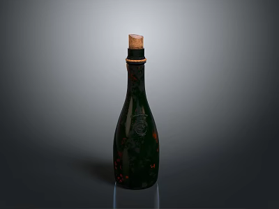 Green Glass Bottle With Cork Stopper And Decorative Patterns On Dark Background 3d model