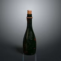 Green Glass Bottle With Cork Stopper And Decorative Patterns On Dark Background