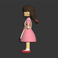 3D Game Movie Character With Brown Pigtails Pink Dress White Apron Red Bow And Red Shoes