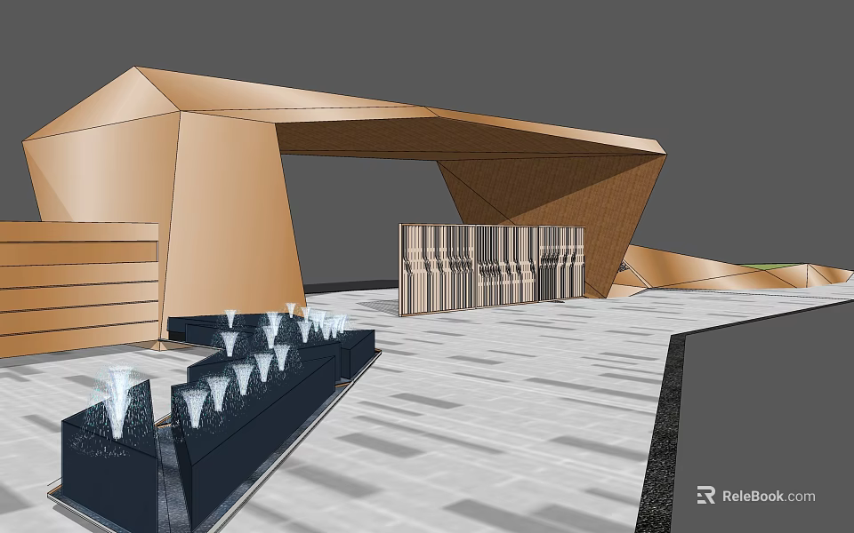 Modern Golden Geometric Entrance Gate With Water Fountain And Stone Pathway 3d model 