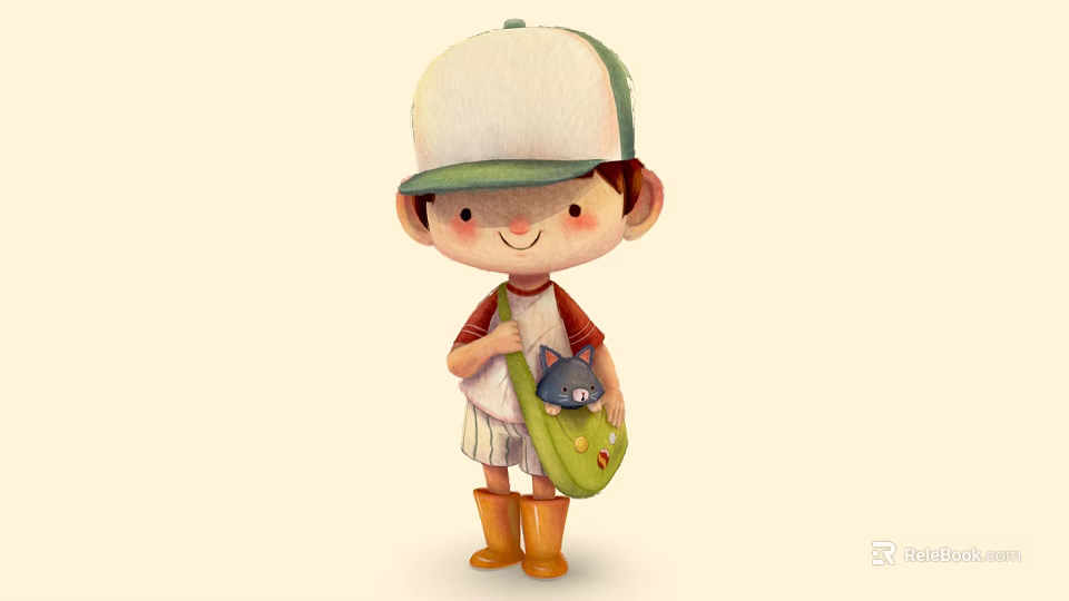 Cartoon Boy Wearing Green Cap And Red Shirt Carrying Green Bag With Cat In Yellow Boots 3d model 