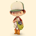 Cartoon Boy Wearing Green Cap And Red Shirt Carrying Green Bag With Cat In Yellow Boots