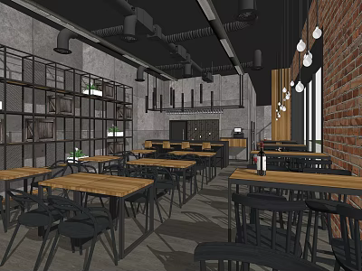 Industrial Coffee Shop Interior With Red Brick Wall Metal Shelves Wooden Tables And Black Chairs 3d model