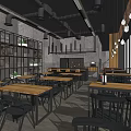 Industrial Coffee Shop Interior With Red Brick Wall Metal Shelves Wooden Tables And Black Chairs