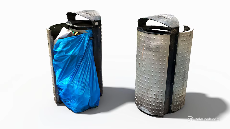 Two Metal Waste Bins With Riveted Design And Blue Trash Bag Inside 3d model