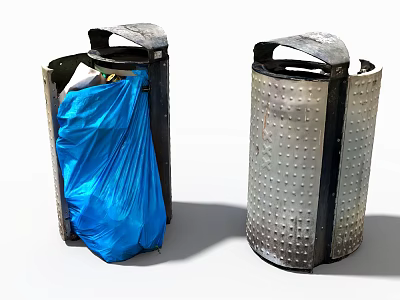 Two Metal Waste Bins With Riveted Design And Blue Trash Bag Inside 3d model