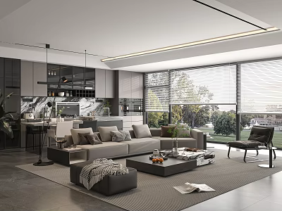 Modern Open Concept Living Dining Room Interior With Light Gray Sofa And Large Windows 3d model