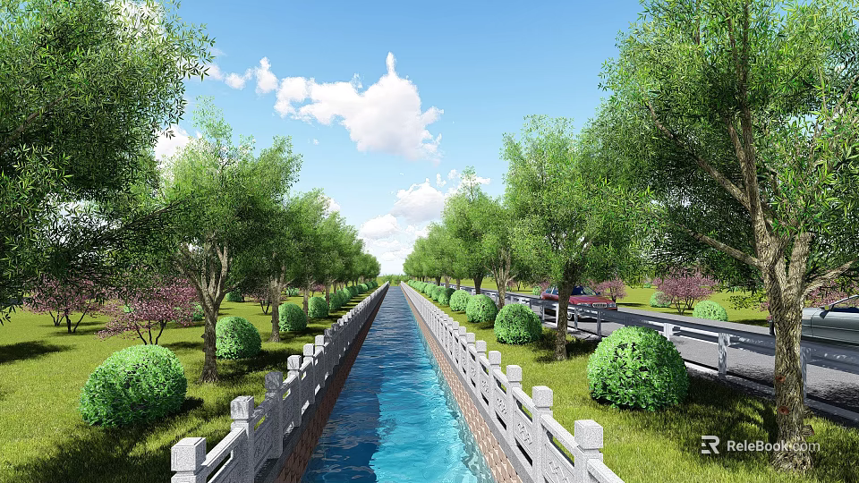 Serene Garden Landscape With Central Water Channel Neat Trees Trimmed Hedges And Railings 3d model 