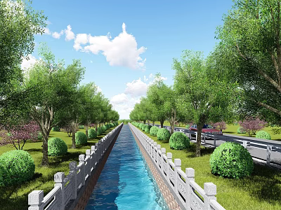 Serene Garden Landscape With Central Water Channel Neat Trees Trimmed Hedges And Railings 3d model