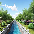 Serene Garden Landscape With Central Water Channel Neat Trees Trimmed Hedges And Railings