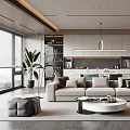 Modern Living Dining Room Interior With Gray Sofa Coffee Table And Open Kitchen 3d model